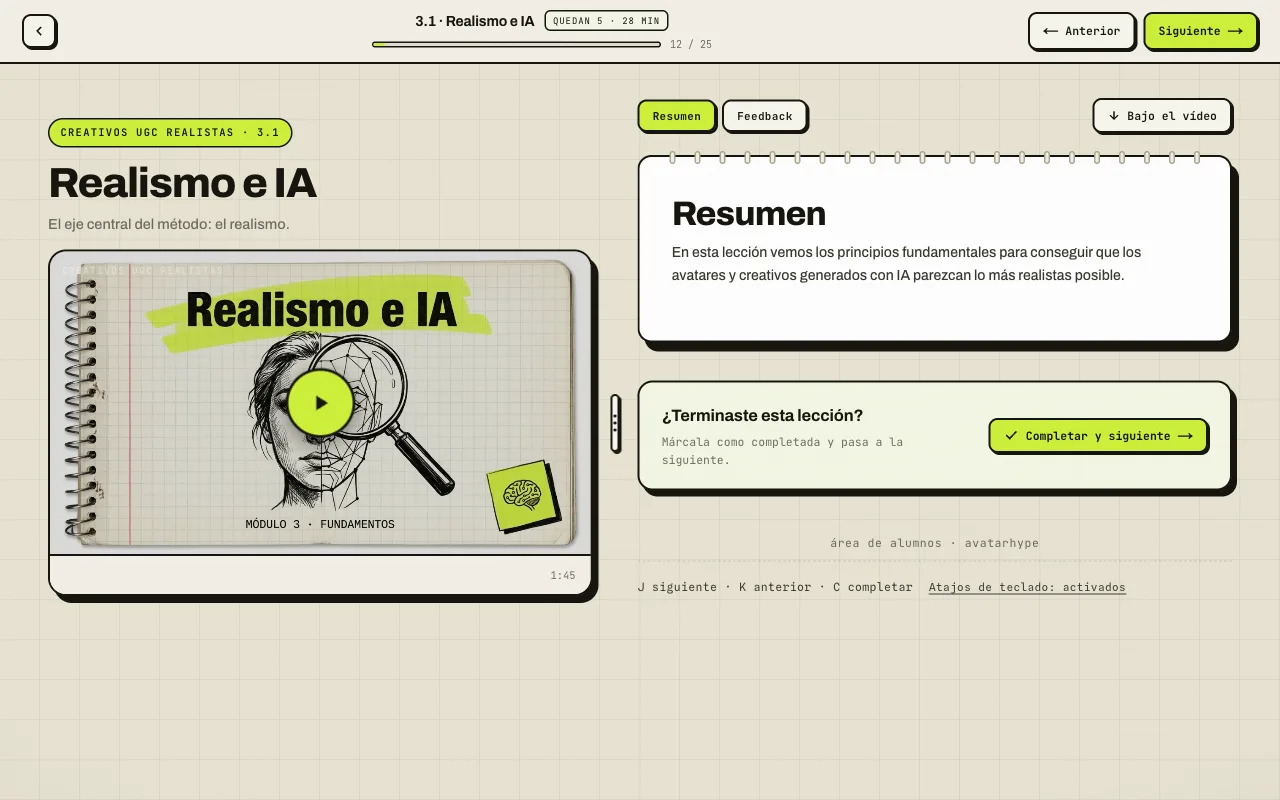 Academia real de AvatarHype: lección de Realismo e IA, vídeo, resumen y acceso a la siguiente lección